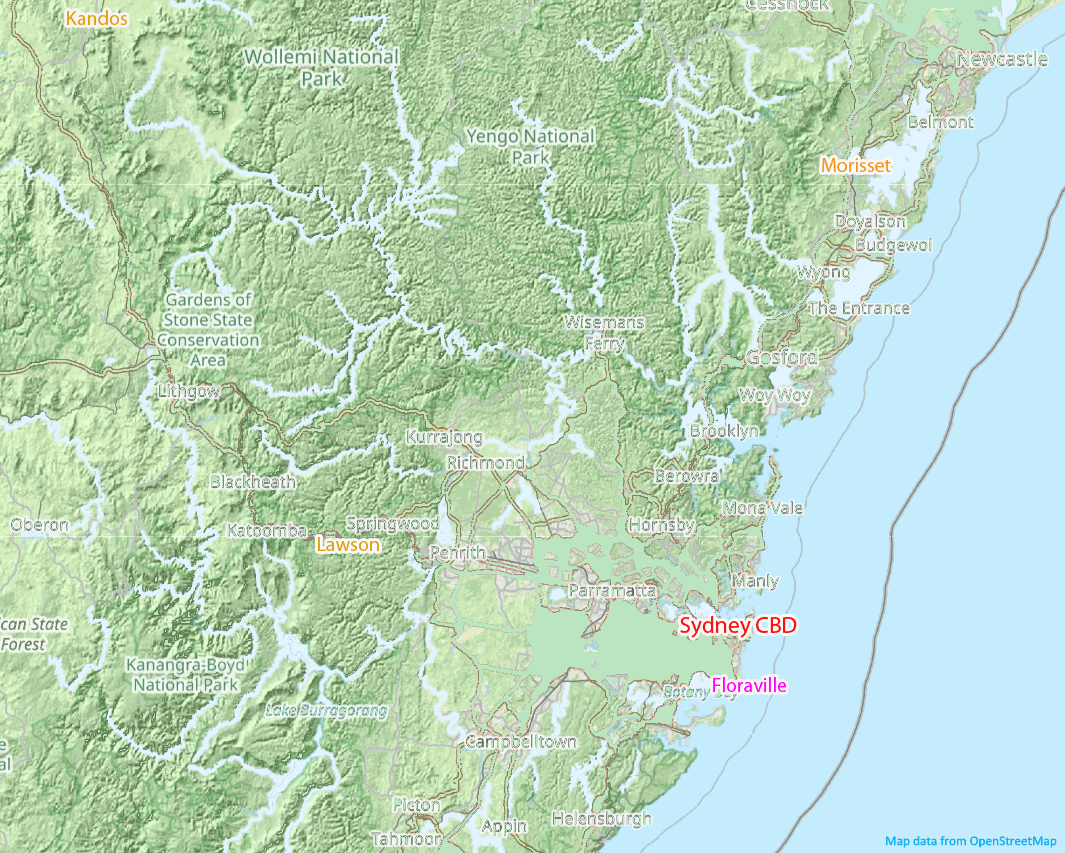 NSW context map showing Sydney CBD, Floraville, Lawson, Kandos, and Morisset.
